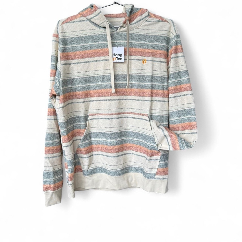 Hang Ten Men's Hoodie with Blue, Orange, and Cream Stripes